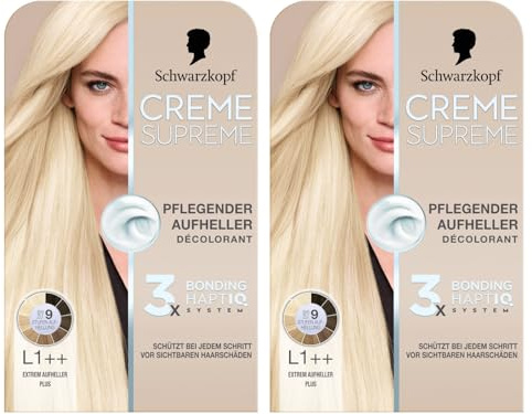 Schwarzkopf Cream Supreme L1++ extrem blekning Plus (2 x 182 ml), vårdande blekning med serum och hårmask skyddar mot synliga hårskador, med anti-gulningseffekt