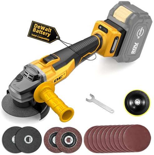 Brushless Angle Grinder, for DEWALT 20V Battery, 4-1/2 Cordless Small Angle Grinder with Auxiliary Handle, 10 Sandpapers, 2 Cutting & 2 Grinding Wheels, Pin Wrench, Lock-on Slide Switch for Polishing