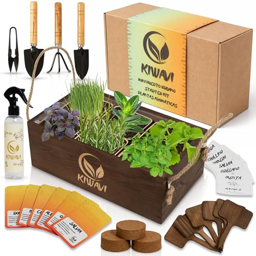 Kiwavi Kit de Cultivo de Plantas Aromáticas Culinarias - Mini Huerto Urbano para Interior con Romero, Menta, Albahaca Morada, Cebollino, Salvia y Orégano | Huerto en Casa