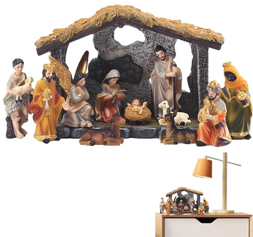 12pcs Wooden Nativity Scene Set, Holy Family Religious Figurine Collection, Baby Jesus Manger Crib Resin Ornaments, Jesus Birth The Real Life Nativity Stable With Wood Base For Indoor Christmas