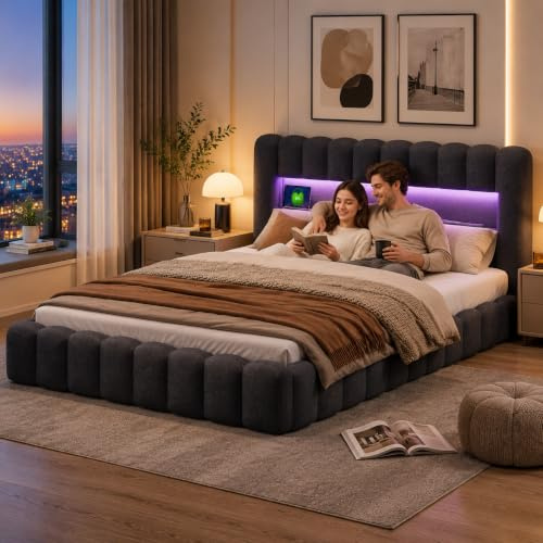 QMTXBYJ Vadderad dubbelsäng, 180 x 200 cm, med hydrauliskt förvaringsutrymme, LED, 180 x 200 cm, med sänglåda och ribbotten, förvaringshuvudgavel med USB-laddningsstation, säng