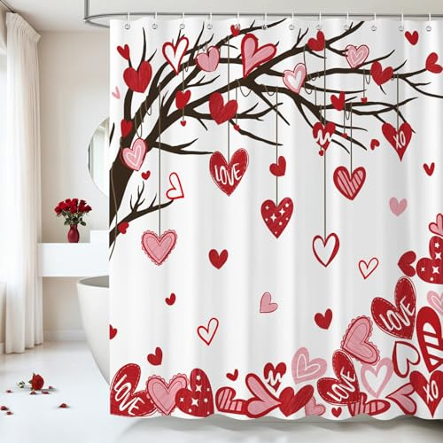 Dazzlewall Valentine's Day Shower Curtain, Romantic Falling Red Heart Love Tree Bathroom Curtain Valentines Bathroom Decor Waterproof Mould Resistant Fabric with 12 Hooks, 180 x 180 cm
