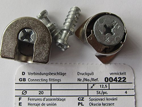 Hettich EXENTER VB Verbindungsbeschläge zum Einbohren, ø 20 mm, Zinkdruckguss vernickelt, 4 Stück, 422