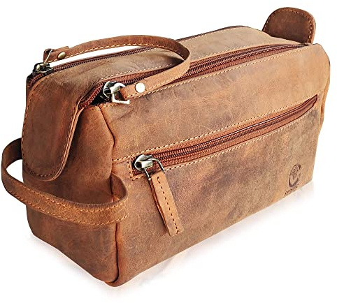 Neceser de Cuero para Hombre - Neceser Artesanal para Todos Tus artículos de Aseo de Viaje (Marrón)