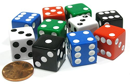 Set of 10 Six Sided Square 16mm D6 Dice - 2 Each of Red White Blue Green Black
