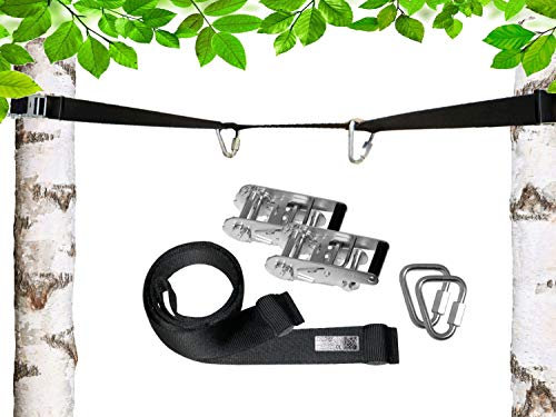 PATRON® BETWEEN 8m, Spanngurt zum Hängen zwischen Bäumen - Belastbarkeit 2200 kg inkl. 2 Premium Delta Karabiner, Polyester, abnehmbar und erweiterbar, PAT Bandlänge:8m