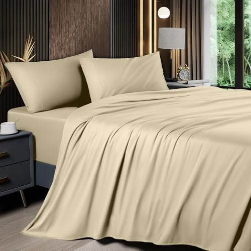 Shilucheng Set copripiumino rinfrescante e traspirante in bambù, per letto matrimoniale, 1800 fili, super morbido come la seta, con tasca profonda 40,6 cm, 4 pezzi (completo, beige)