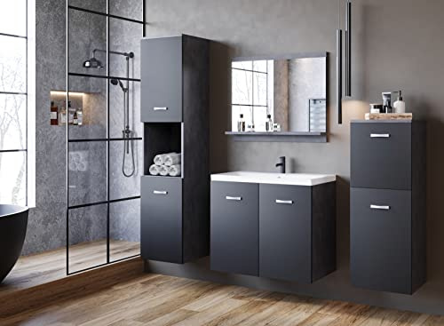 PIASKI Conjunto De Muebles De Baño Roma con Lavabo, Columna Alta y Mediana, Espejo con Estantería, Tablero Laminado MDF, Matera/Negro Mate, 60 x 47 x 35 cm