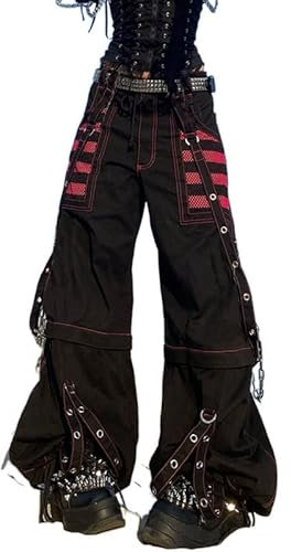 MAEHARRT Y2K Damen-Jeans mit hoher Taille, Gothic, Baggy, Gothic, Cargo-Jeans, weites, gerades Bein, Punk-Denim-Hose, lockere Hose, Streetwear, Black-e, S
