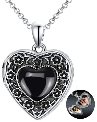 AOBOCO Medaillon Kette Sterling Silber 925 Damen Liebesherz Blume Halskette, Amulett Medaillon zum öffnen für Bilder Foto mit Kristallen, Geschenke für Freundin Frau Mutter (Obsidian)