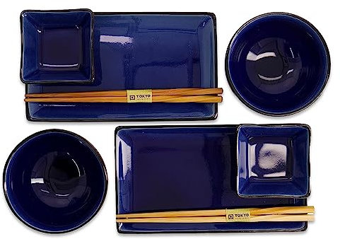 TOKYO design studio, Grau, Set mit 2 Teller + 2 Sauce Schalen + 2 Reis Schalen+ 2 Essstäbchen, 8-TLG, Steingut Besuche Store (Dunkelblau)