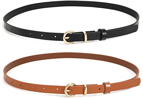 WHIPPY 2er-Pack dünner Damen Ledergürtel schmaler Taillengürtel schmal Gürtel mit goldener Kreisschnalle für Kleid Hose Jeans,120cm schwarz+braun