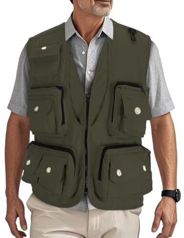 HZQIFEI Uomo Gilet da Pesca Multitasche Giubbino da Lavoro Smanicato Traspirante Outdoor Vest JRC Safari Giacche Gilet MJ15 (Verde Esercito, XL)