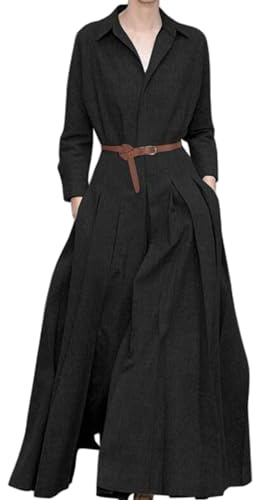Reetro Suuper Abito Lungo A Camicia In Tinta Unita, Abito Lungo A Camicia Da Donna, Abito Lungo Da Ufficio Con Bottoni A Maniche Lunghe In Vita Smock (Nero,S)