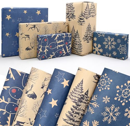 5 Sheets Christmas Kraft Wrapping Paper,DXTXTJ 50x70cm Recyclable Gift Wrapping Paper with 5 Patterns for Christmas,Father's Day,Birthday,Other Festivals