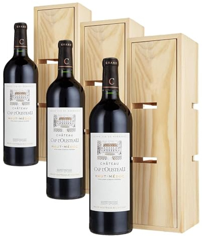 Château Cap l'Ousteau - Coffret Vin Rouge Grand Vin Médoc - Mini Cave à vin caisse bois (1 x 0.75 l) (Lot de 3)