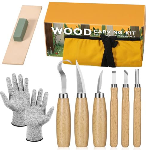 Wood Carving Tools, 10 in 1 Wood Whittling Kits, Chip Carving Tools Set, with 0 Basswood Carving Block, 6PCS Whittling Tools, Gloves, Sharpener, Roll Canvas Bag, Wood Carving Set for Adult Beginners