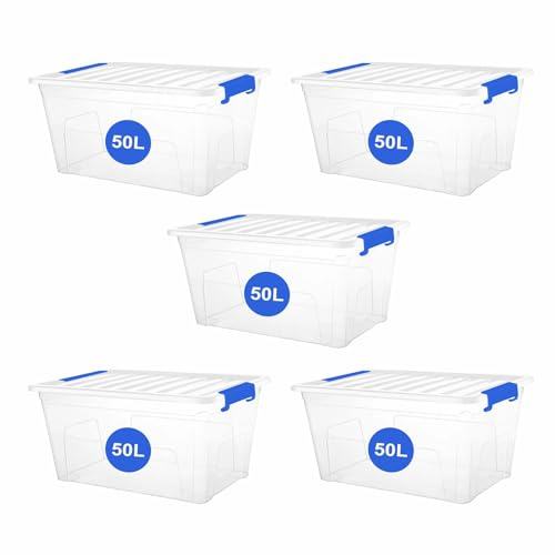 RelianceUK 5 X 50L Plastic Storage Boxes with Clip Lock Lid - Heavy Duty, Stackable Containers for Clothes, Shoes, Crafts - Ideal for Home, Office, Kitchen, Garage (50 Litre / 5 Pack)