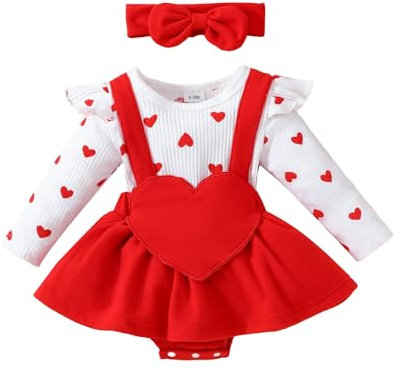 Generisch Kurzarm Body Junge Kleinkind Mädchen Langarm Valentinstag Gerippte Herz Drucke Strampler Neugeborenen Bodys Kleid Stirnbänder Outfits Gymnastikanzug (Red, 6-9 Months)