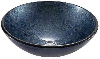 Lavabo de baño de Vidrio Templado, Estilo artístico Azul, con Tapa Redonda, aro de Montaje, desagüe emergente y bajante.