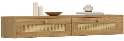 IDMarket - Etagère Murale Console d'entrée HANAE Effet Naturel cannage | Avec 2 tiroirs