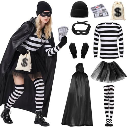 Raveparty Disfraz de ladrón de banco, disfraz de ladrón para mujer y hombre, para cosplay, carnaval (mujer A, L)