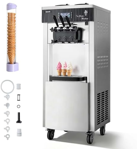 VEVOR Máquina de Helado Suave Comercial 3 Sabores 2200 W Caudal de 20-28 L/h, Máquina Independiente para Hacer Helados con 2 Tolvas de 6 L, Preenfriado y Autolimpieza para Tiendas de Postres