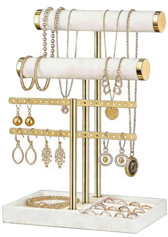 FDKene Organizador de Joyas con 4 Niveles, Soporte con Barra en T Extraíble y Terciopelo, Expositor para Pulseras Collares Relojes Anillos y Pendientes, Jewelry Expositor para Mujer, Beige