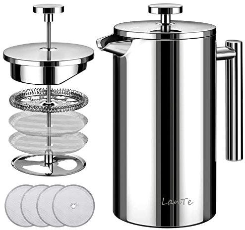 LANTE French Press Coffee Maker, Double Insulated 304 Stainless Steel Coffee Tea Maker 4 Level Filtration System, No Coffee Grounds, Rust-Free, Dishwasher Safe, 1000ml