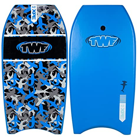 TWF XPE Pro 37 Slickback Kids Bodyboard with leash - 6 colour options (Blue Camo Sharks)