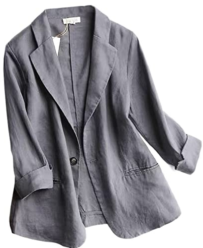 GIBZ Blazer Femme en Lin Vestes de Tailleur Chic et Elegant Ample Manche 3/4 avec Poche, Gris, M