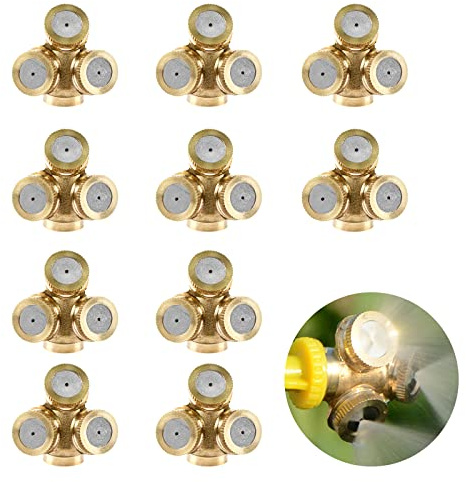 Linkidea 10-pack 3-håls mässingsförstoftningsmunstycke, jordbruksspraymunstycke, 0,47 anslutningsdiameter för trädgårdar, växthus, landskapsarkitektur, dammkontroll, takkylning. (Koppar)