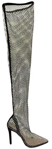 Stivale Alto Strike Completamente Trasparente in Rete e Strass con Tacco Spillo 12 cm Elastico Aderente sopra Ginocchio (38 EU)