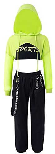 Nyeemya Conjunto de 3 Piezas Ropa de Danza Hip Hop para Niñas Sudadera Corta Con Capucha+ Chaleco Corto + Pantalónes de Chándal Traje de Baile Verde 14 años