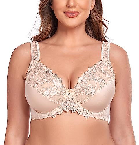 Ayigedu Women's Full Coverage Minimiser Bra Floral Lace Non Padded Plus Size Underwired Bra 38C Beige