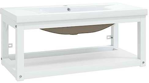 'vidaXL Wall-Mounted Bathroom Washbasin Frame with Built-in Basin - White Iron Frame and Ceramic Basin for Contemporary Home Decor