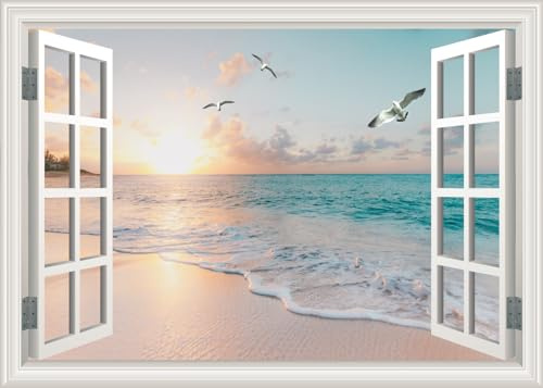Fake Window Wall Decal Summer Beach Seascape Faux Window Sticker Office Poster Picture Art Decor，Stick and Peel Natural Scenery Landscape Coastal Ocean Scene Mural 48x32Set of 2 Sheets