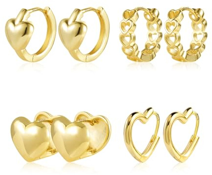 ALEXCRAFT 4 Pares Pendientes Mujer Plata 925, 14K Pendientes Aro Mujer Doble Pendientes de Acero Inoxidable, Pendientes de Aro en Forma de Corazón Pendientes de Aro de Joyas de Moda Minimalistas