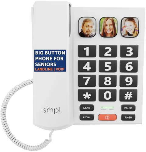SMPL Big Button Phone for Seniors, Simple Corded Landline Home Telephone for Elderly, Handicap, Alzheimer’s, Dementia, Hearing & Vision Impaired 56021