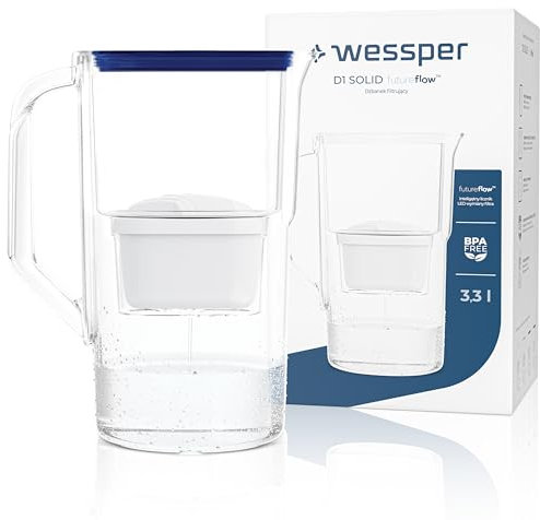 Wessper Wasserfilter Kanne 2,8 liter, mit LED-Zählwerk, Wasser Karaffe mit Filter, Aktivkohle Kartusche Wasserfilter Reduziert Kalk und Chlor, BPA-Free Wasser Filterkanne – Blau