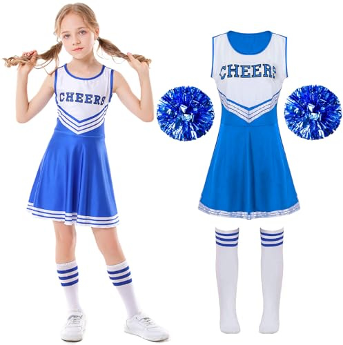 XFOZDM Vestito Cheerleader Ragazza Costume Cheerleader Bambina Con Pompon Calzini Cheerleader Costume da Cheerleader Ragazzine Per Carnevale Halloween O Evento Sportive Scuola E Feste 02 blue,130cm