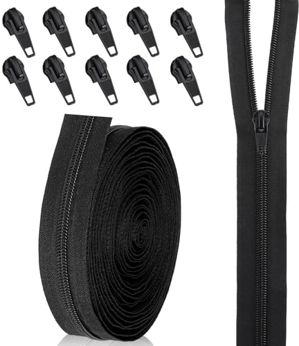 Heavy Duty Zipper Continuous Zip, 5M Replacement Sewing Zipper 5 Yard Bulk Zippers for Sewing, 10Pcs Automatic Zips for Cushions, Nylon Coil Zips Black for Bags Craft Sewing