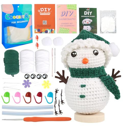 Vidillo Christmas Crochet Kit for Beginners Snowman Complete Beginner Crochet Knitting Kit Crochet Starter Pack DIY Set with Crochet Hook,Yarn,Instructions,Video Tutorial Adults Kids Gift (Grün)