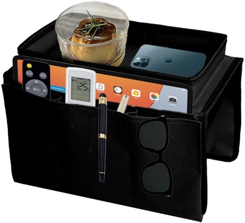 Organizador para apoyabrazos de sofá, organizador de sofá, bonbones, con bandeja, con mando a distancia, para teléfono, libros, revistas, TV, mando a distancia, gafas, taza, aperitivos, bolsa (negro)