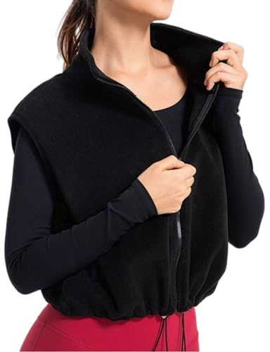 Unilexi Womens Full Zip Fleece vest Stand Collar Sherpa Crop sleeveless Coat Zipper Fitness Vest(0267-Black-S)