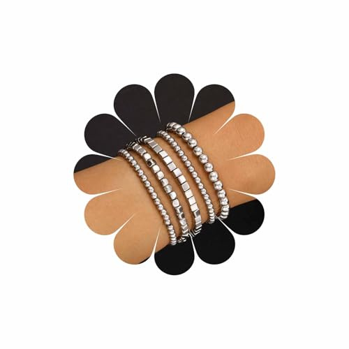 Wendalern Plata pulsera de cuentas Set apilamiento cubo de cuentas de cadena pulseras elásticas cadenas de cuentas redondas pulseras de bolas de enlace de joyería para las mujeres