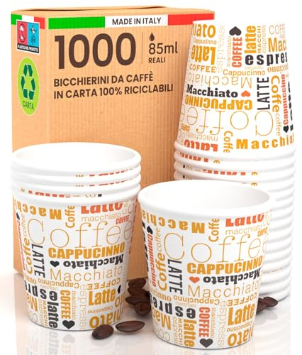 1000 Bicchierini in Carta per Caffè 85ml White Mocha Ecologici Biodegradabili Monouso Piccoli per Asporto Bevande Calde Bicchieri Made in Italy - Prodotto e Confezionato in Italia