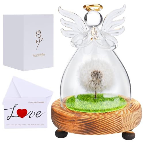 UCAMP ValentinstagGeschenke für Frauen,Pusteblume Deko Geschenk,Echte Pusteblume im Glas Engel Figuren,Geburtstag,Valentinstag,Hochzeit, Mama Oma Freundin Schwester Geschenke