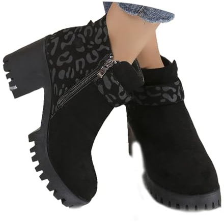 LDXEQIZ Botines De Primavera Botas Cortas De Leopardo for Mujer Booties De Ante Vintage Ankle Boots De Plataforma Cómodos con Tacón De Bloque Zapatos De Tobillo De Gran Tamaño(Black,38 EU)