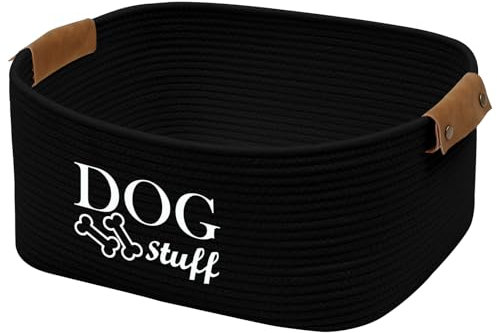 Geyecete-Cestino portaoggetti per giocattoli cani intrecciato in corda di cotone,Con manico in pelle,Portatile Cesto portaoggetti per giocattoli et vestiti/accessori per cane/gatti-Nero